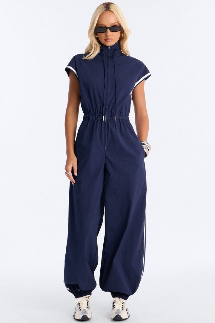 Out The Door Windbreaker Jogger Pant Jumpsuit - Navy