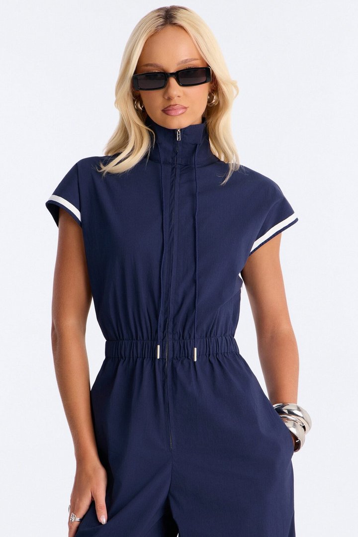 Out The Door Windbreaker Jogger Pant Jumpsuit - Navy