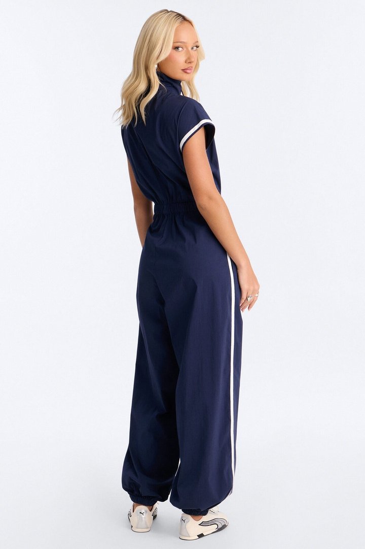 Out The Door Windbreaker Jogger Pant Jumpsuit - Navy