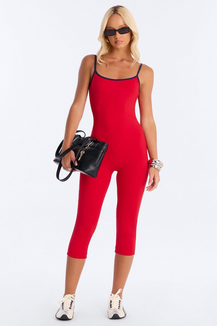 Daily Flex Open Back Capri Jumpsuit - Red
