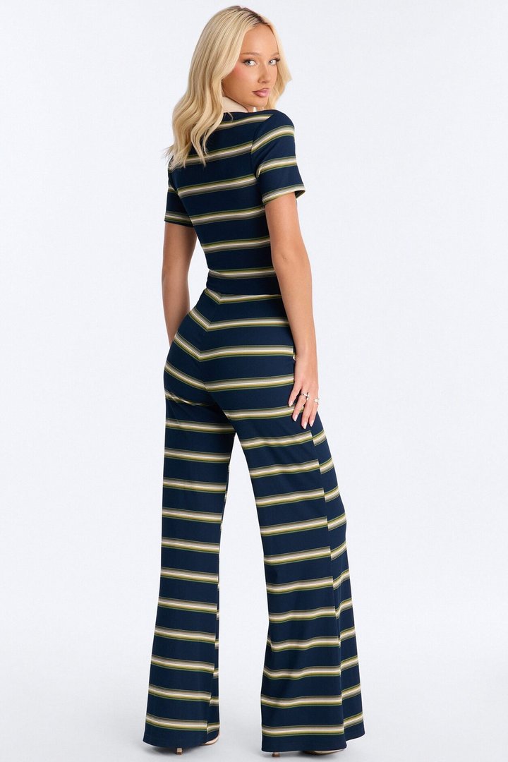 Too In Line Ribbed Striped Jumpsuit - Navy