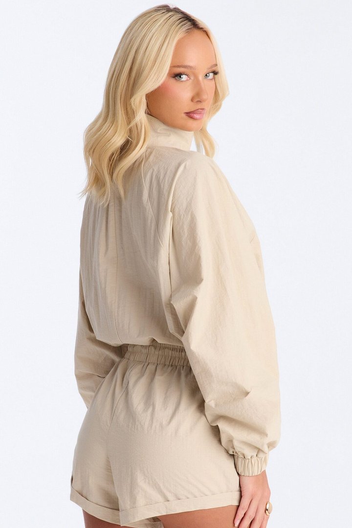 On The Move Windbreaker Long Sleeve Romper - Tan