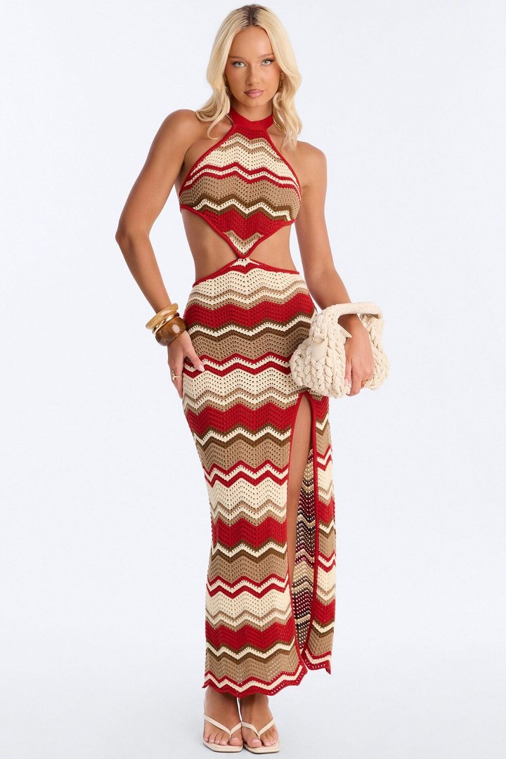 Seas The Day Crochet Maxi Dress - Rust/combo