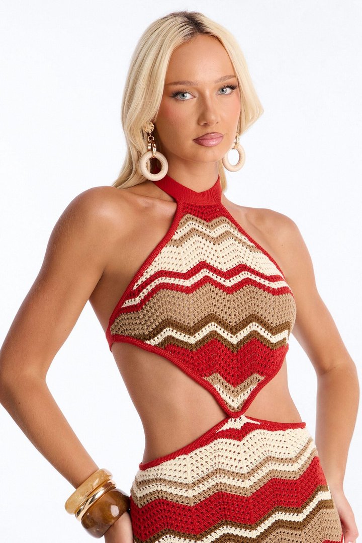 Seas The Day Crochet Maxi Dress - Rust/combo