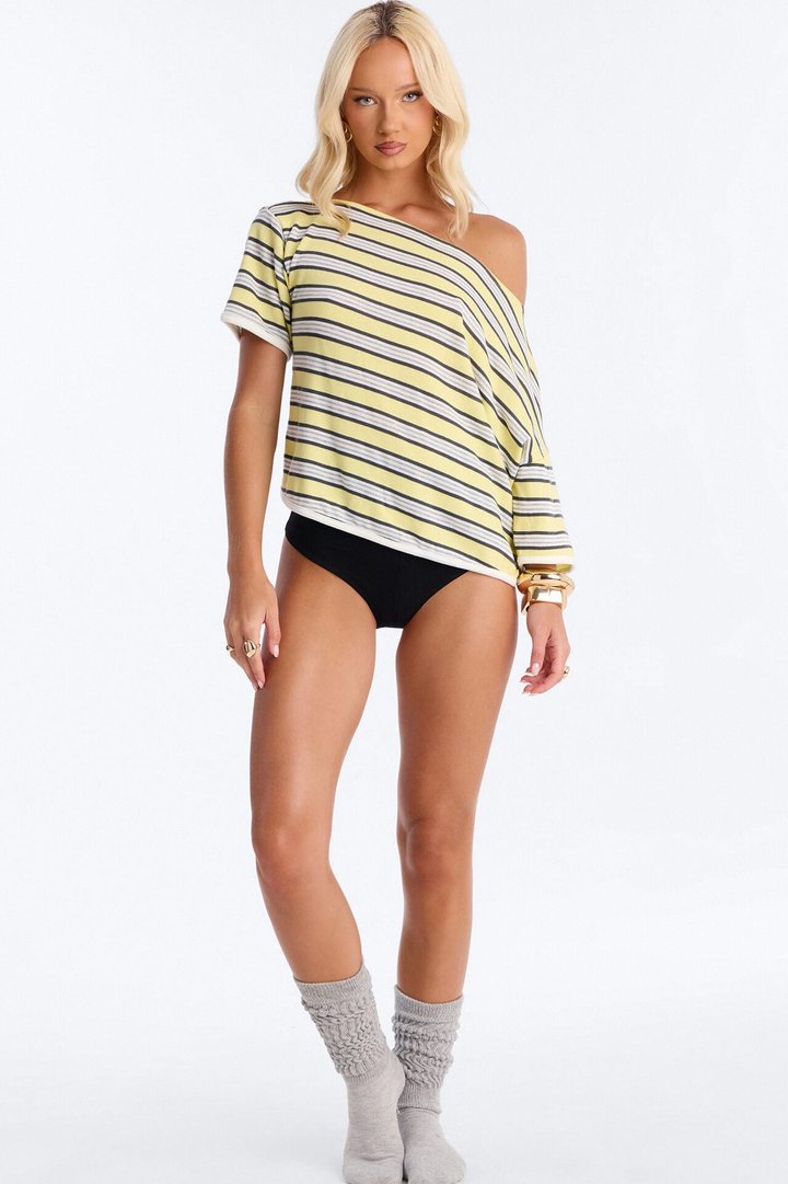 Malibu Days Striped Textured Short Sleeve Top - Yellow/combo