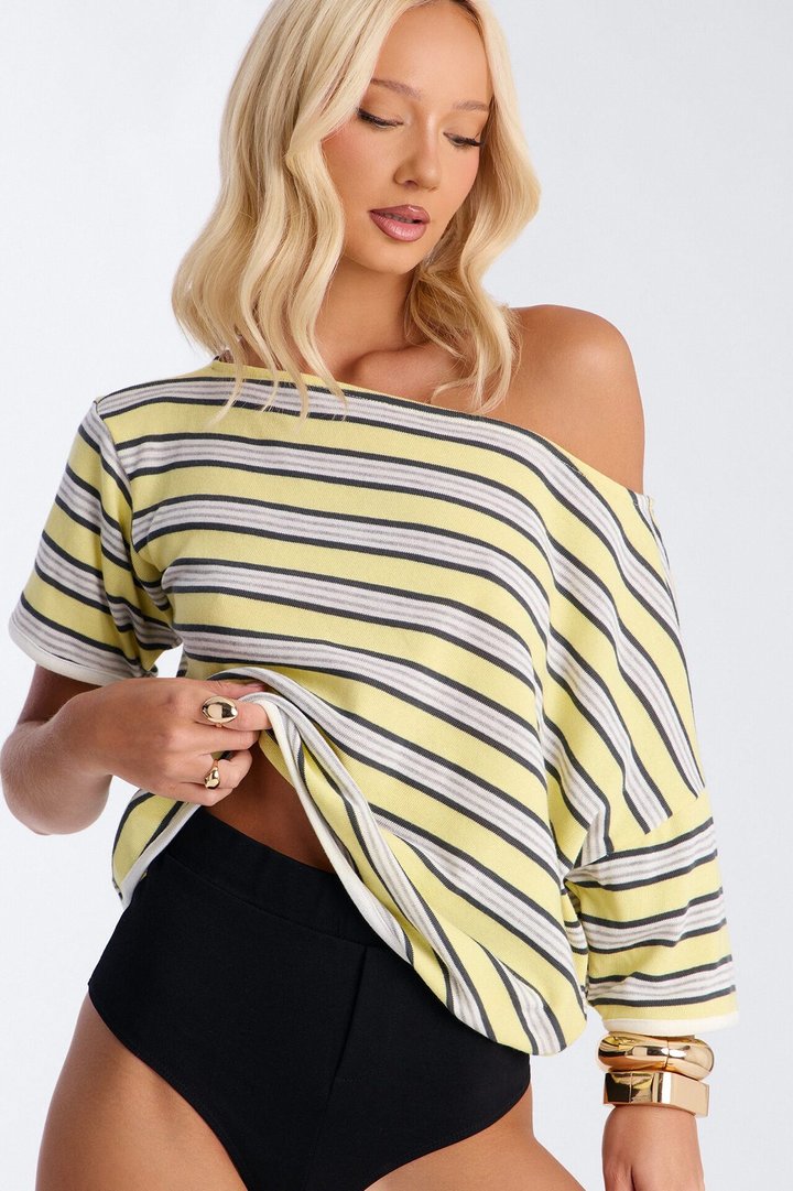 Malibu Days Striped Textured Short Sleeve Top - Yellow/combo