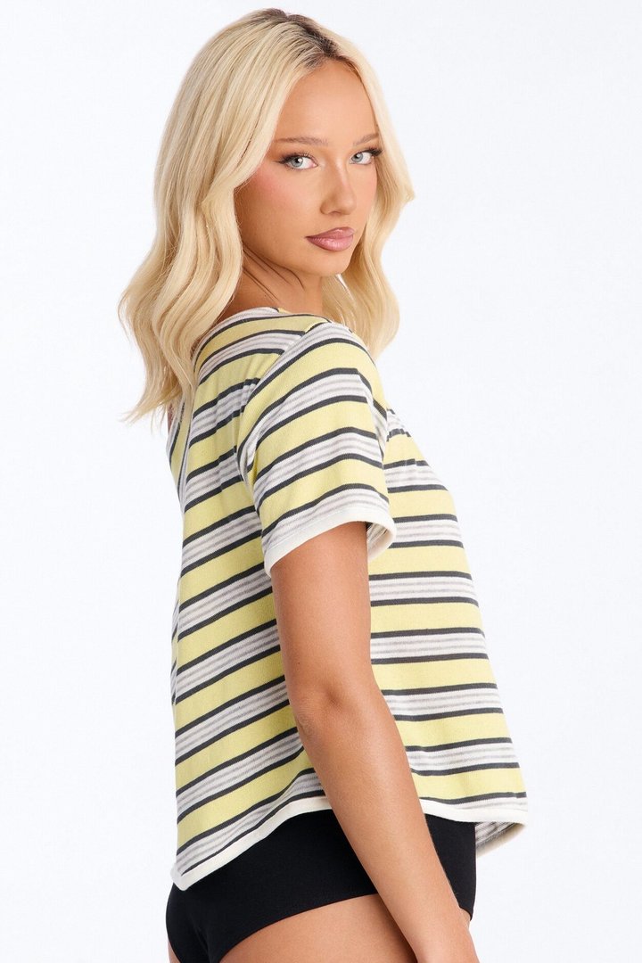 Malibu Days Striped Textured Short Sleeve Top - Yellow/combo