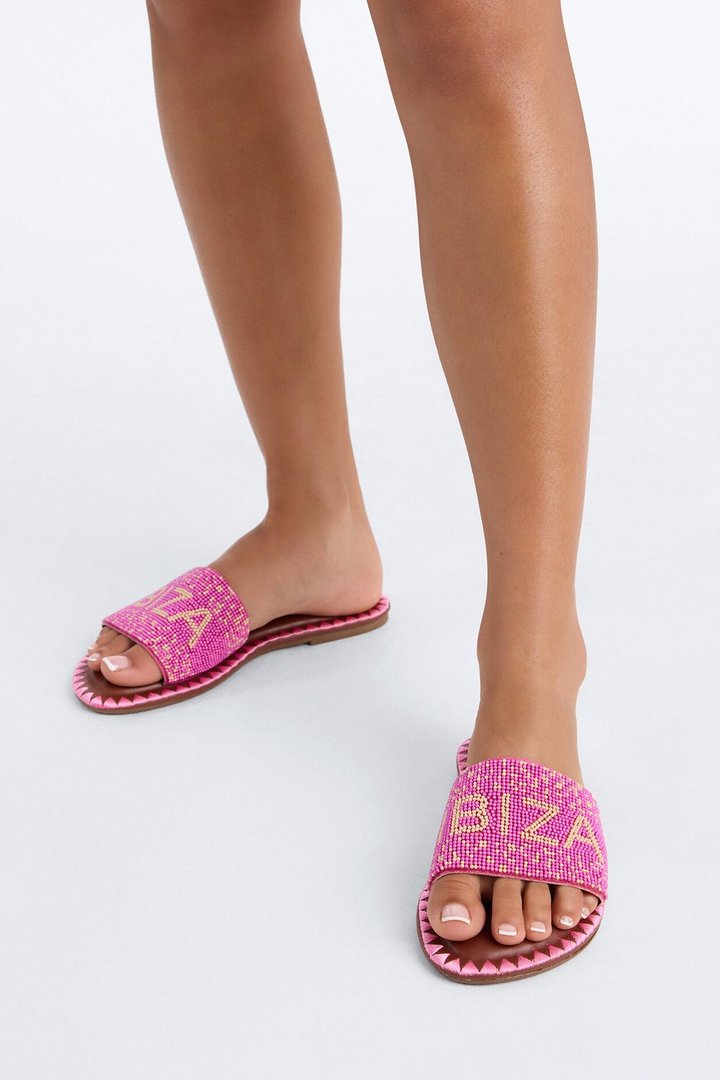 Ibiza Beaded Slip On Sandals - HotPink