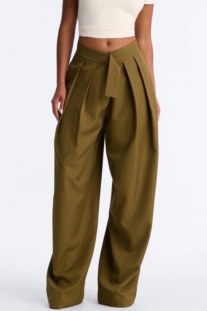 Vivienne Pleated Pull Tab Wide Leg Trouser - Olive