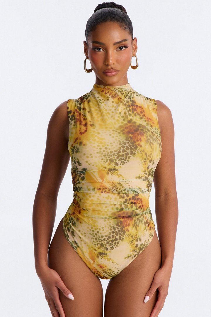 Hunt Me Down Ruched Sleeveless Mesh Bodysuit - Yellow/combo