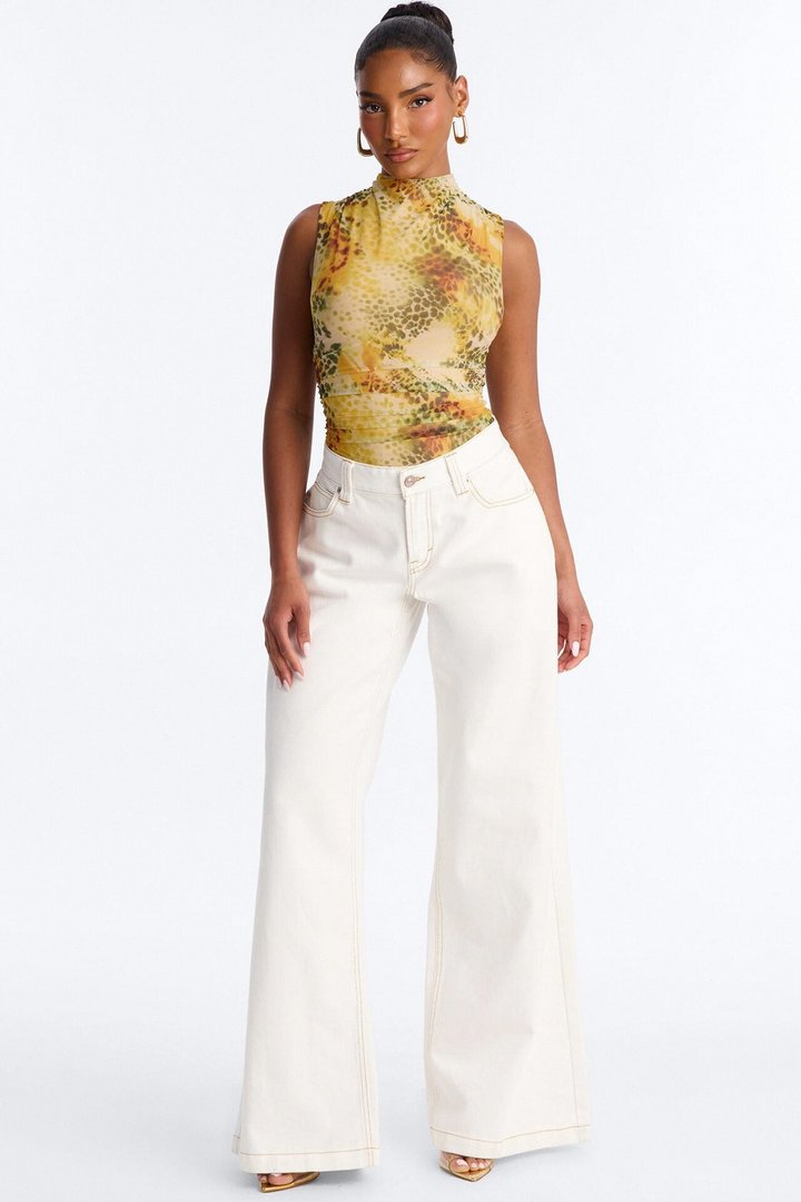 Hunt Me Down Ruched Sleeveless Mesh Bodysuit - Yellow/combo