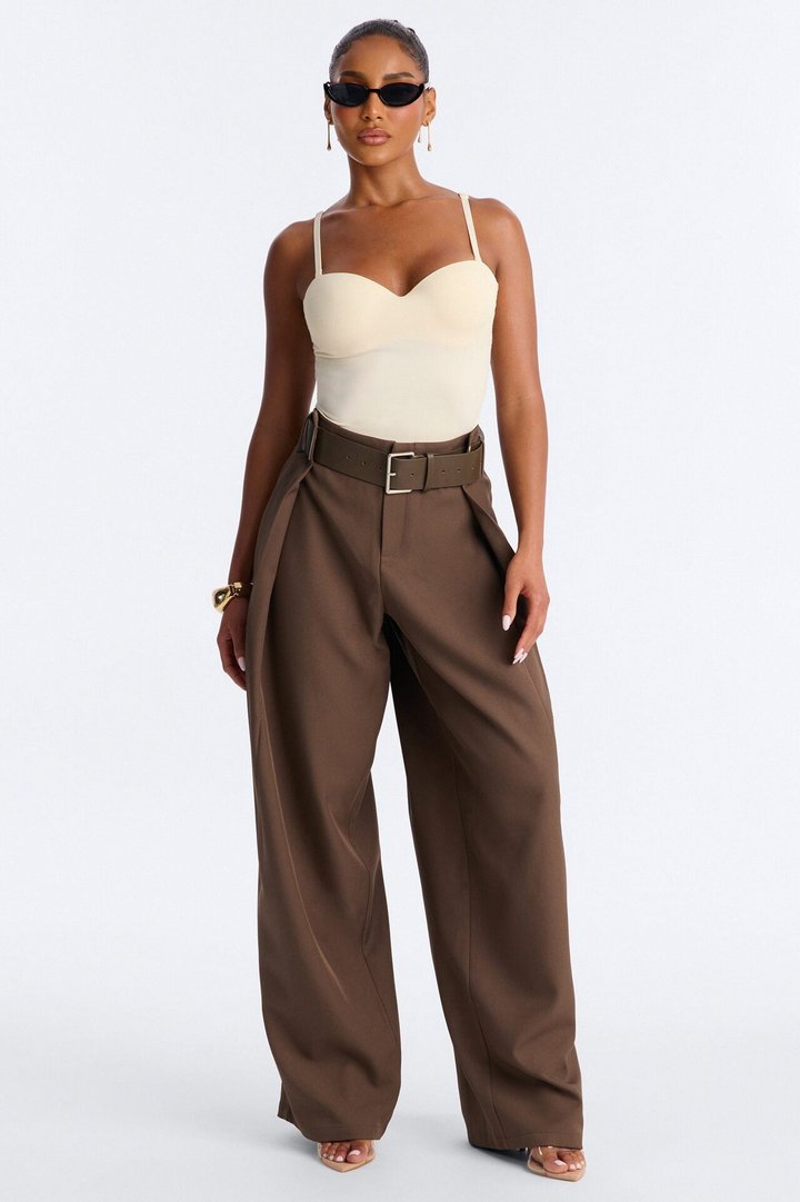 Natasha Belted Wide Leg Pleated Trouser - Brown