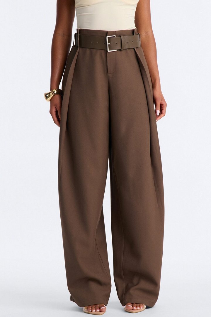 Natasha Belted Wide Leg Pleated Trouser - Brown