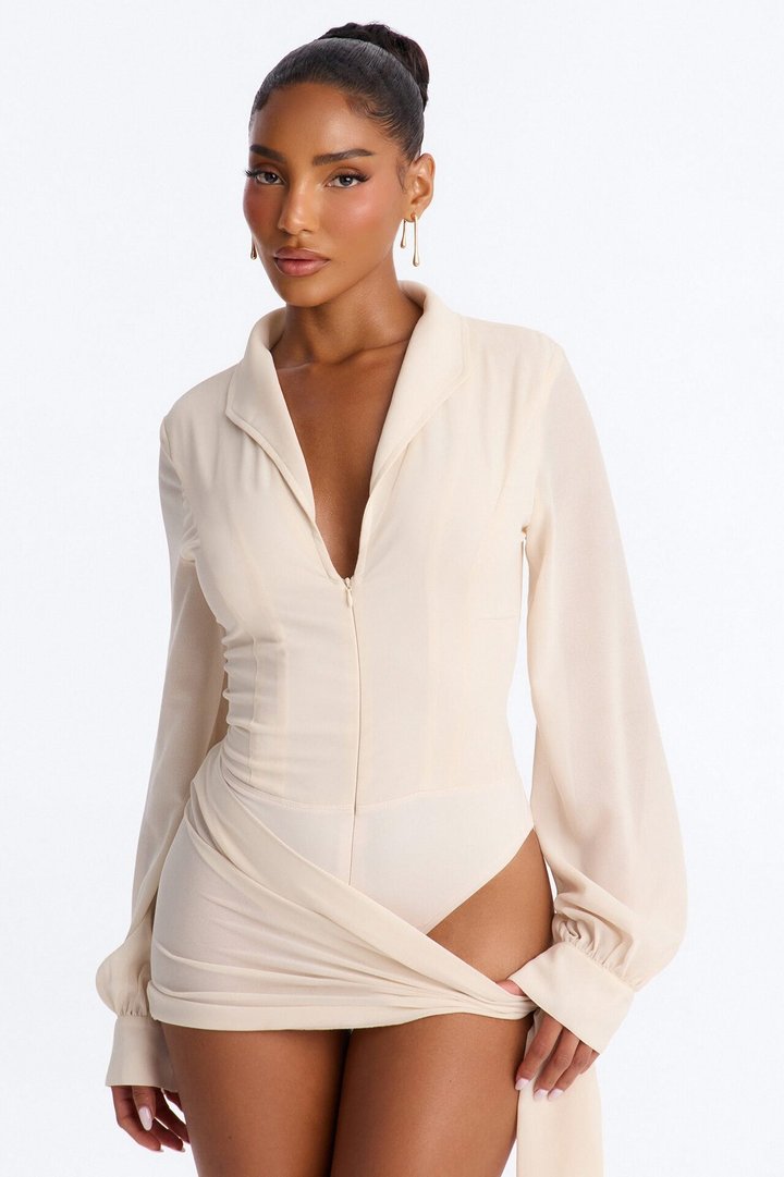 She Defines Chic Lace Up Chiffon Bodysuit - Cream