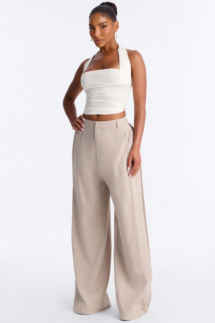 Hailey High Rise Pleated Wide Leg Trouser - Stone