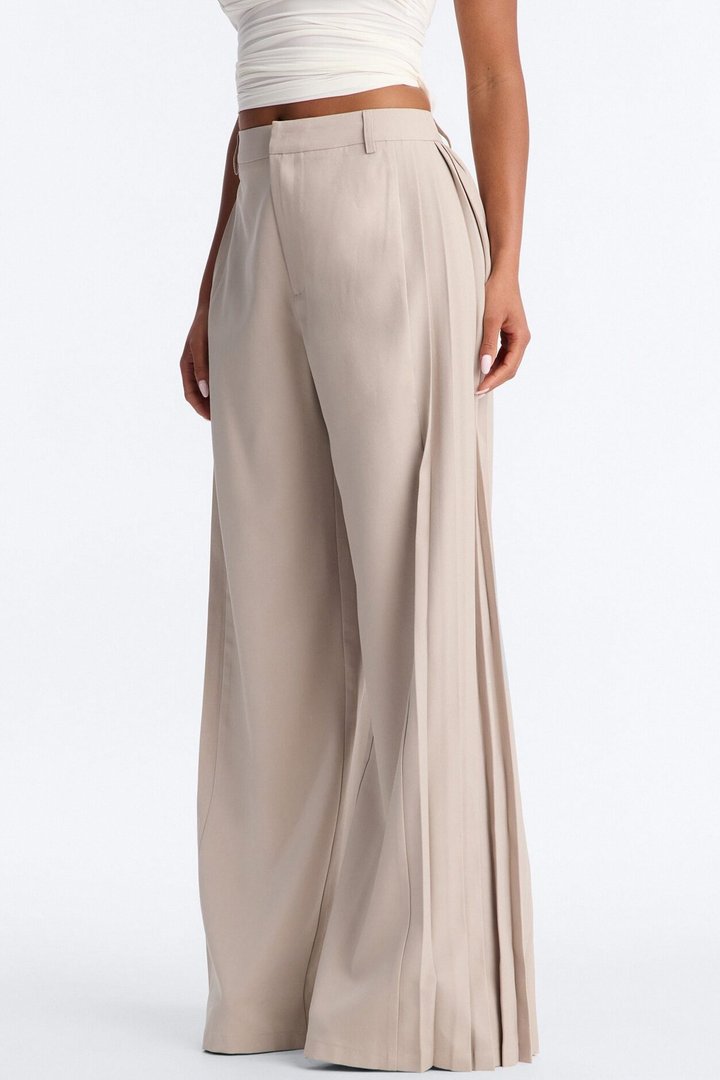 Hailey High Rise Pleated Wide Leg Trouser - Stone