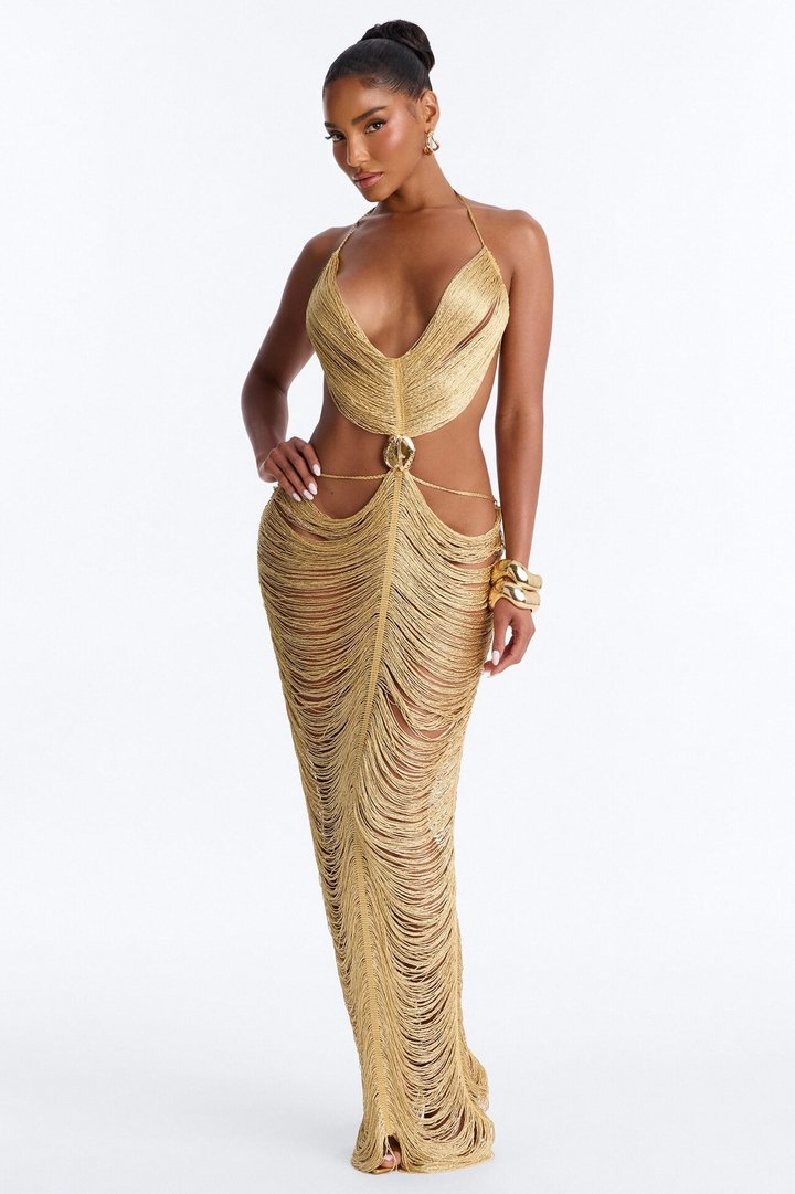 She's A Star Metallic Fringe Maxi Dress - Gold