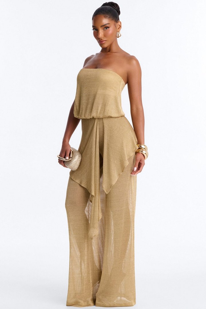 Nessa Metallic Knit Strapless Jumpsuit - Gold