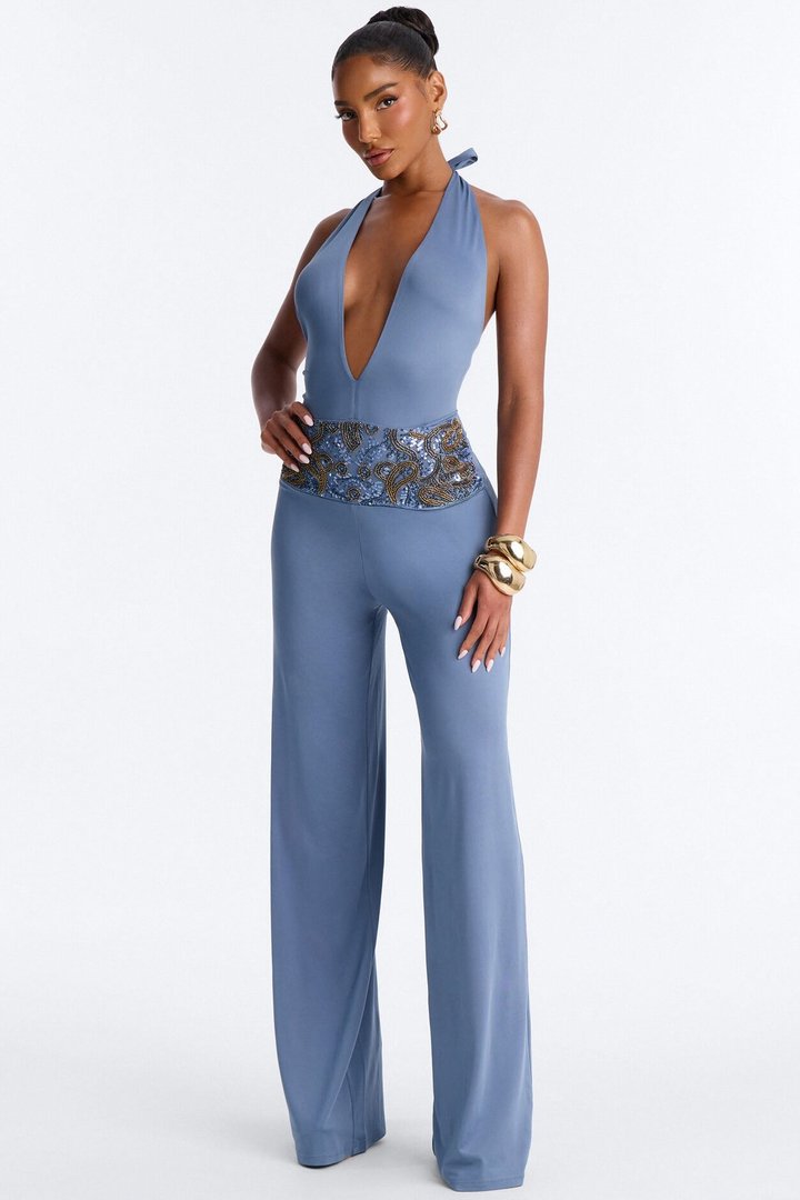 Hailey Embellished Backless Jumpsuit - Blue