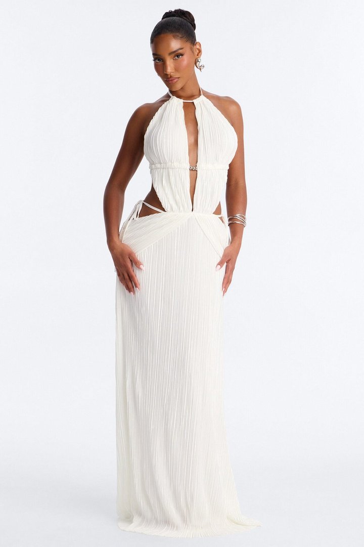Nissa Plisse Halter Maxi Dress - White