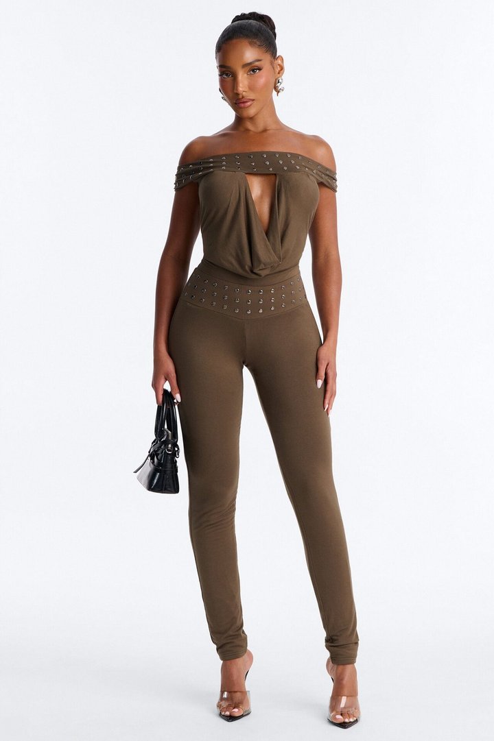 Casey Studded Cowl Catsuit - Olive