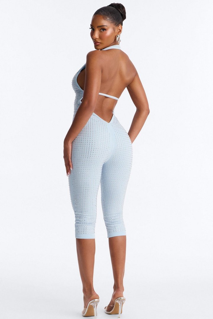 Nelly Embellished Plunge Catsuit - Light Blue