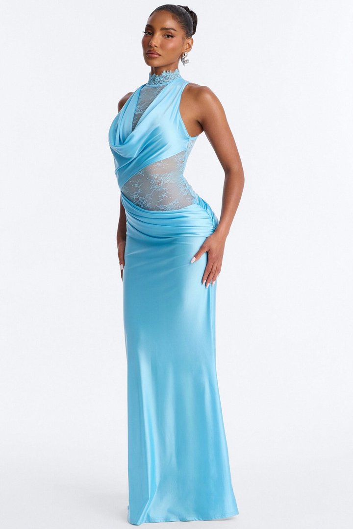 A Night Off Satin Lace Gown - Blue/combo