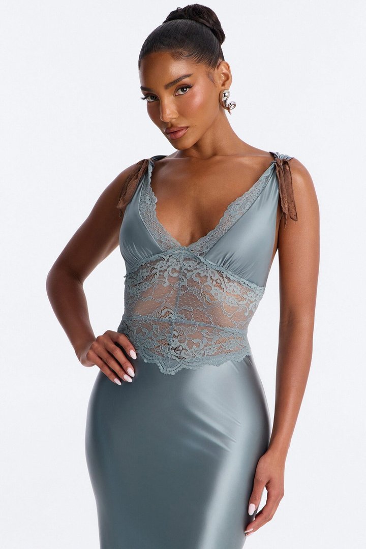 Alina Lace Satin Midi Dress - Blue