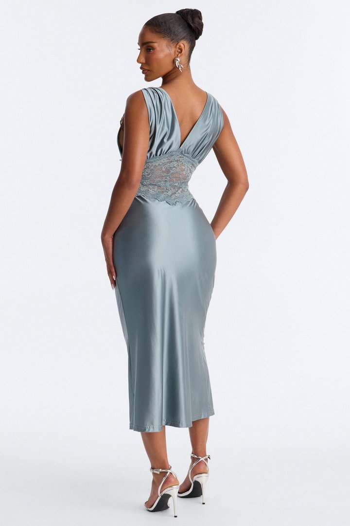 Alina Lace Satin Midi Dress - Blue