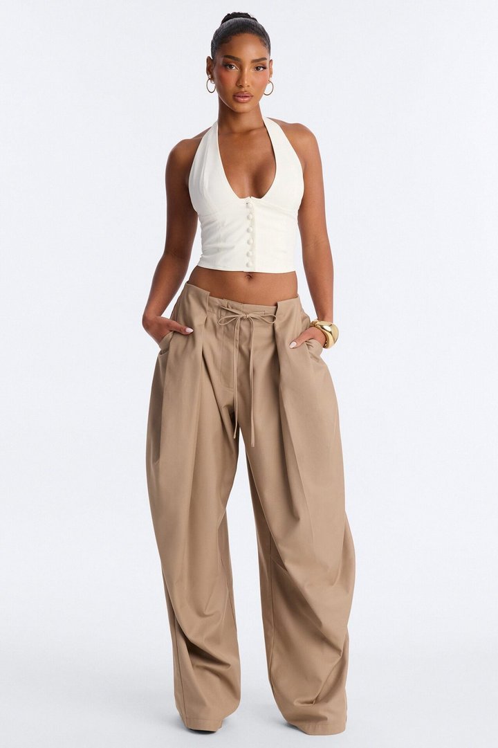 Chloe Wide Leg Stacked Pleated Trouser - Khaki