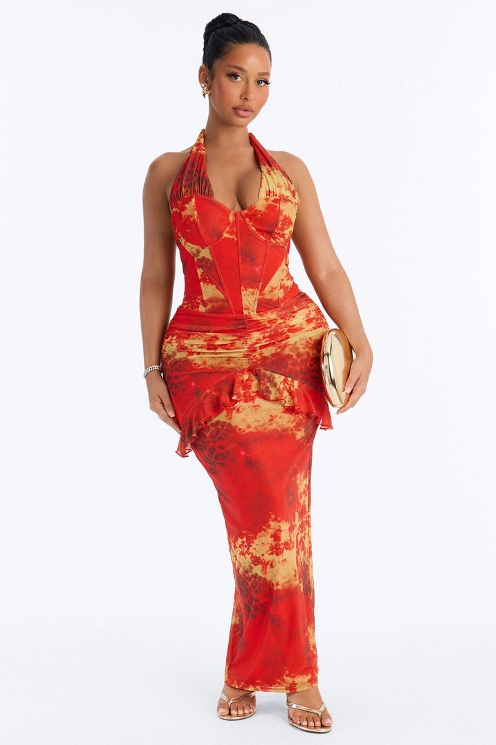 Siren Corset Mesh Maxi Dress - Orange/combo