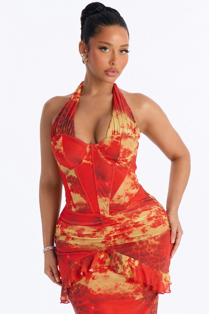 Siren Corset Mesh Maxi Dress - Orange/combo