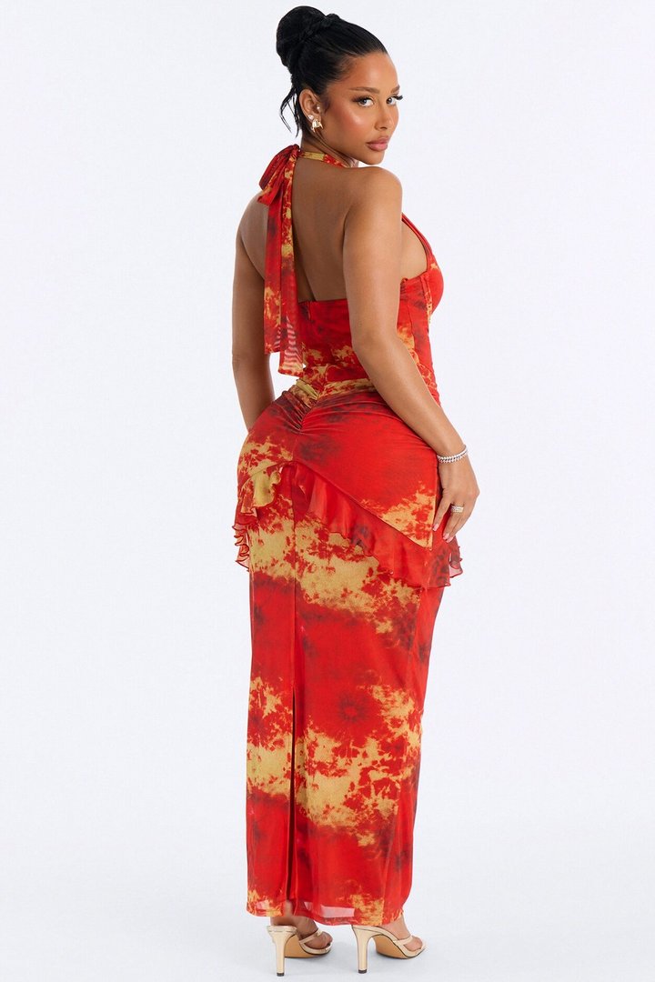 Siren Corset Mesh Maxi Dress - Orange/combo
