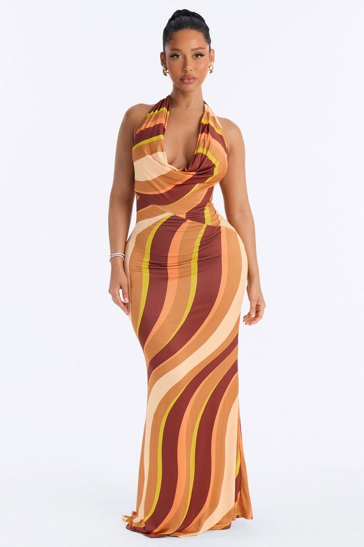 Lyla Backless Maxi Dress - BrownCombo