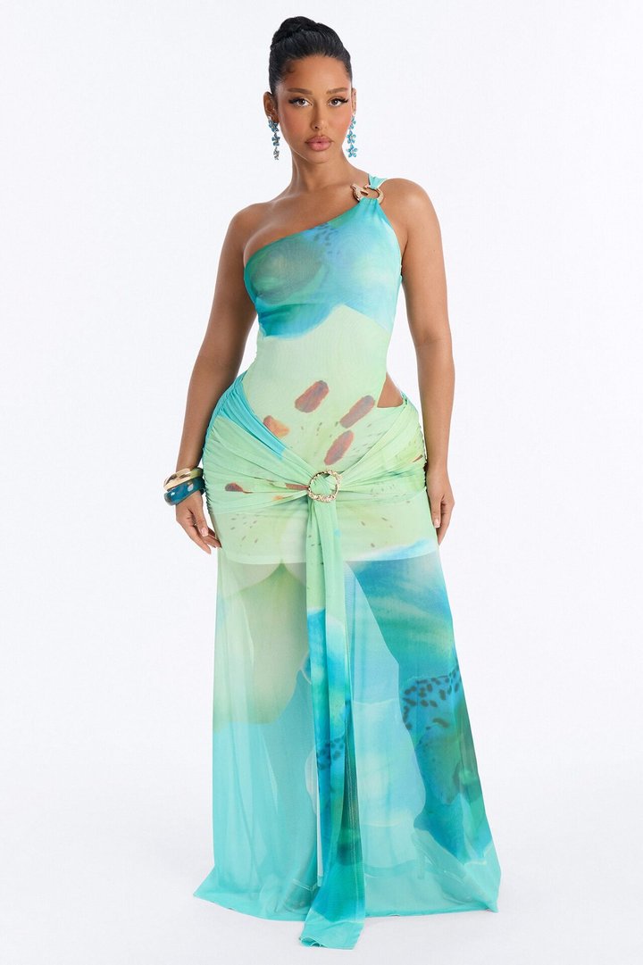 Odessa Mesh Maxi Dress - Aqua/Combo