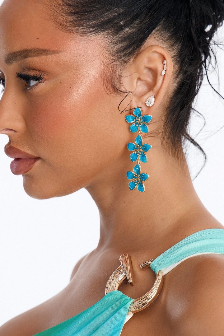 Keep Thriving Floral Linear Earrings - Blue