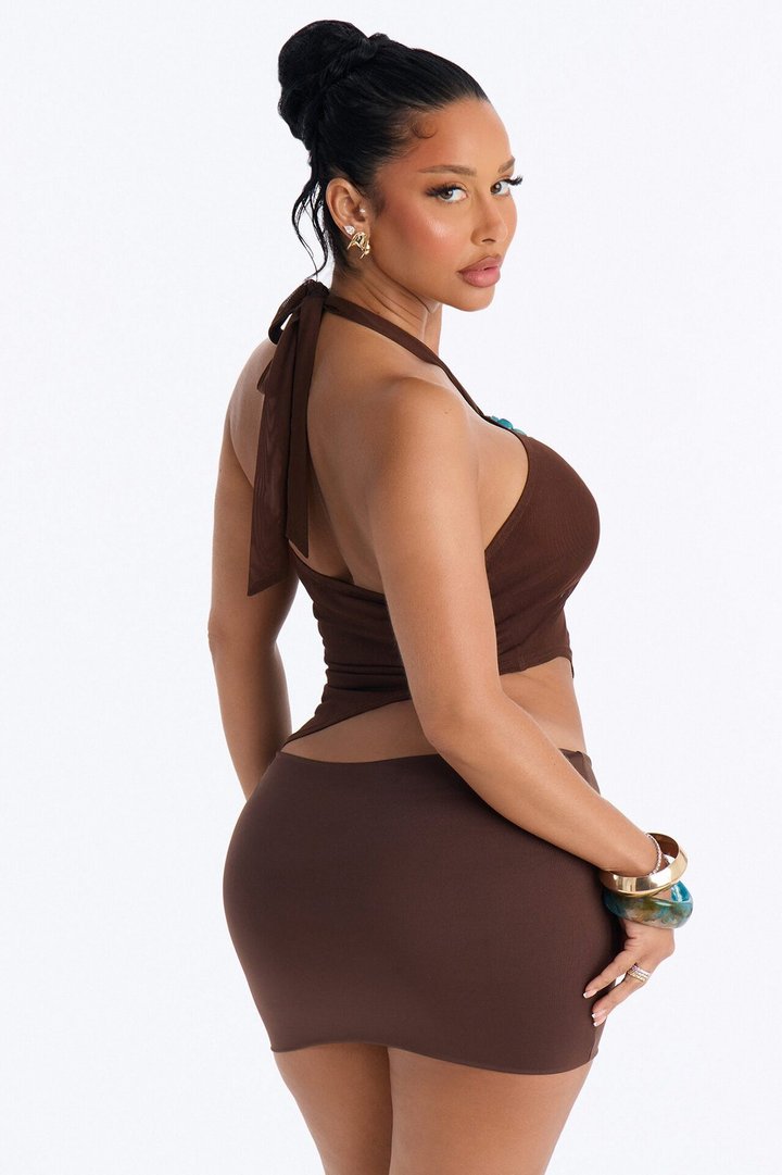 Summer Heat Beaded Mesh Halter Top - Brown