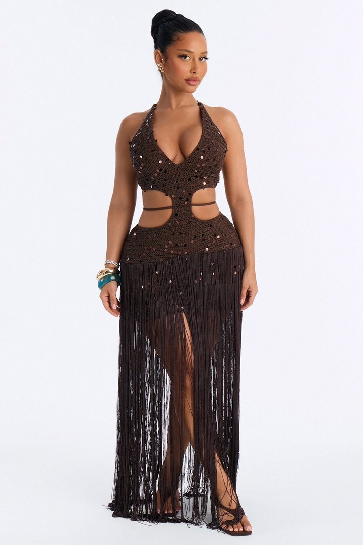 Renee Fringe Crochet Maxi Dress - Brown