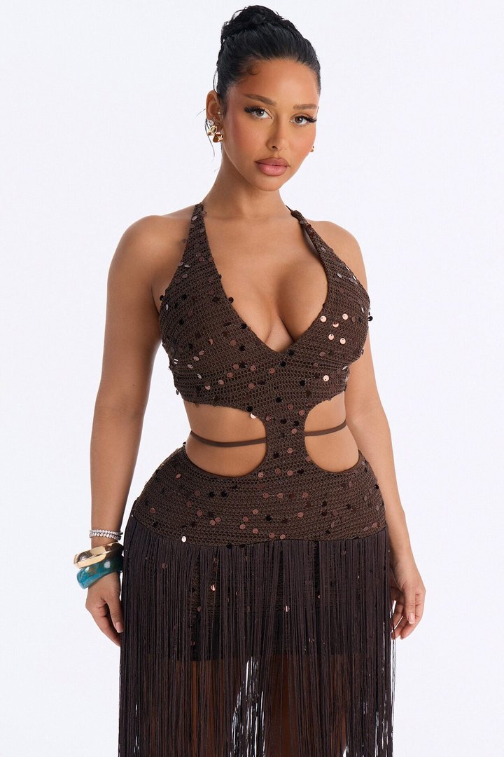 Renee Fringe Crochet Maxi Dress - Brown