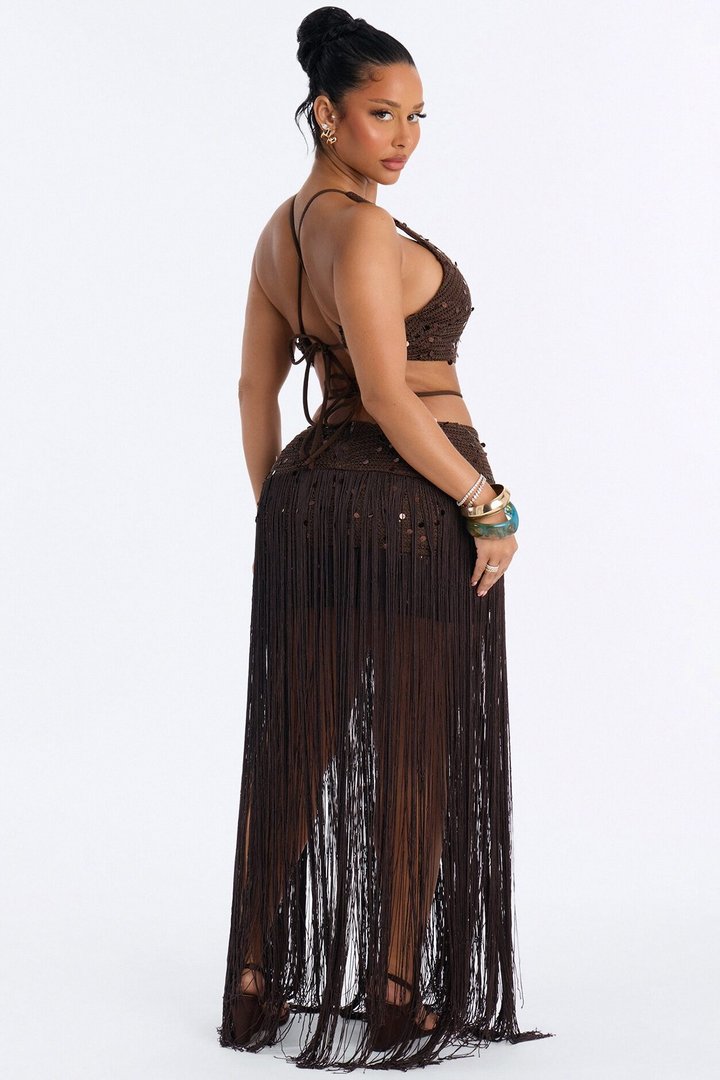 Renee Fringe Crochet Maxi Dress - Brown