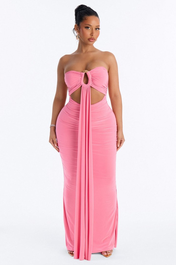 Heating Up Draped Strapless Maxi Dress - Pink