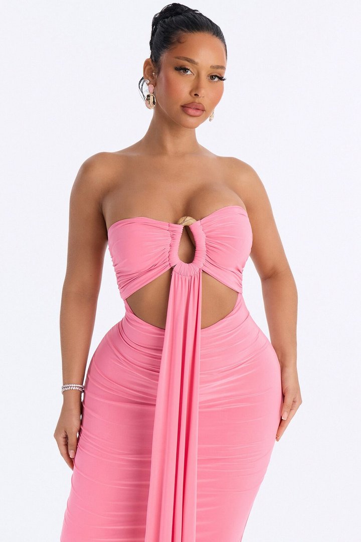 Heating Up Draped Strapless Maxi Dress - Pink