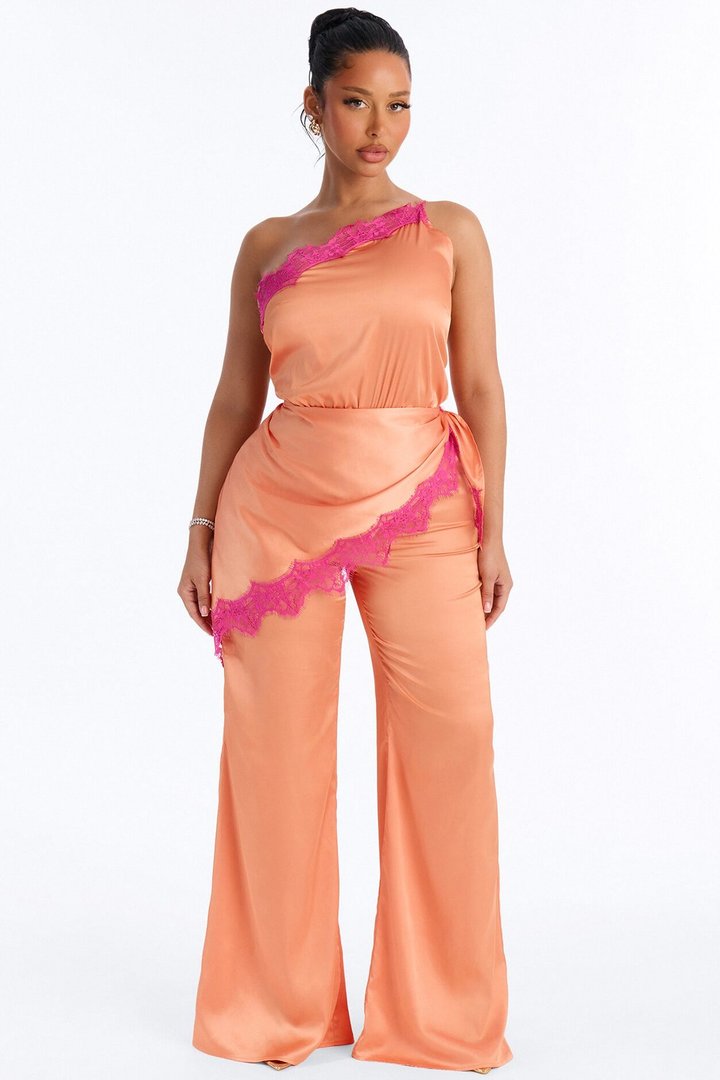 Valeria Satin Waist Scarf Wide Leg Jumpsuit - Orange