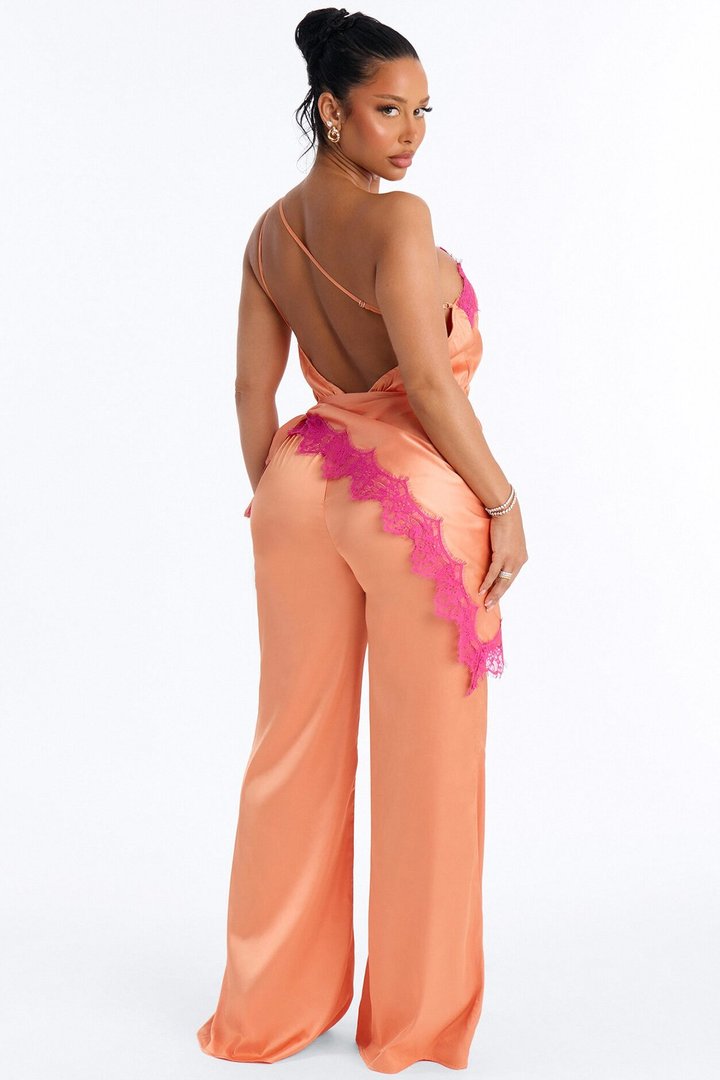 Valeria Satin Waist Scarf Wide Leg Jumpsuit - Orange