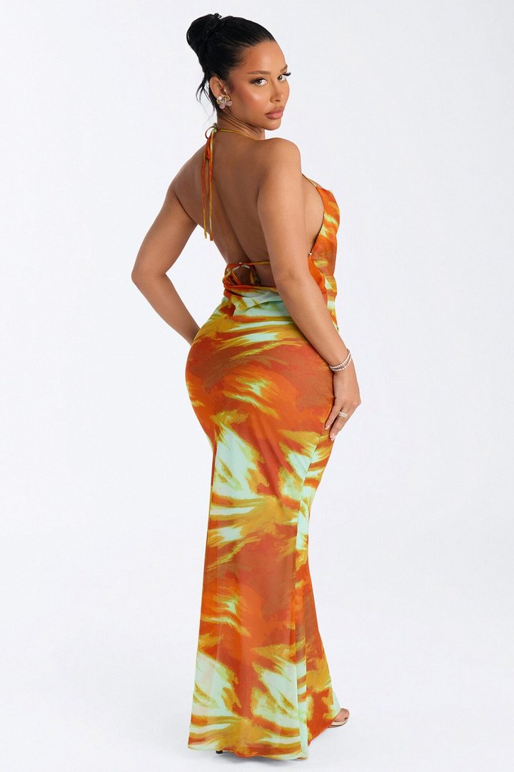 Summer Rush Backless Chiffon Maxi Dress - Orange/combo