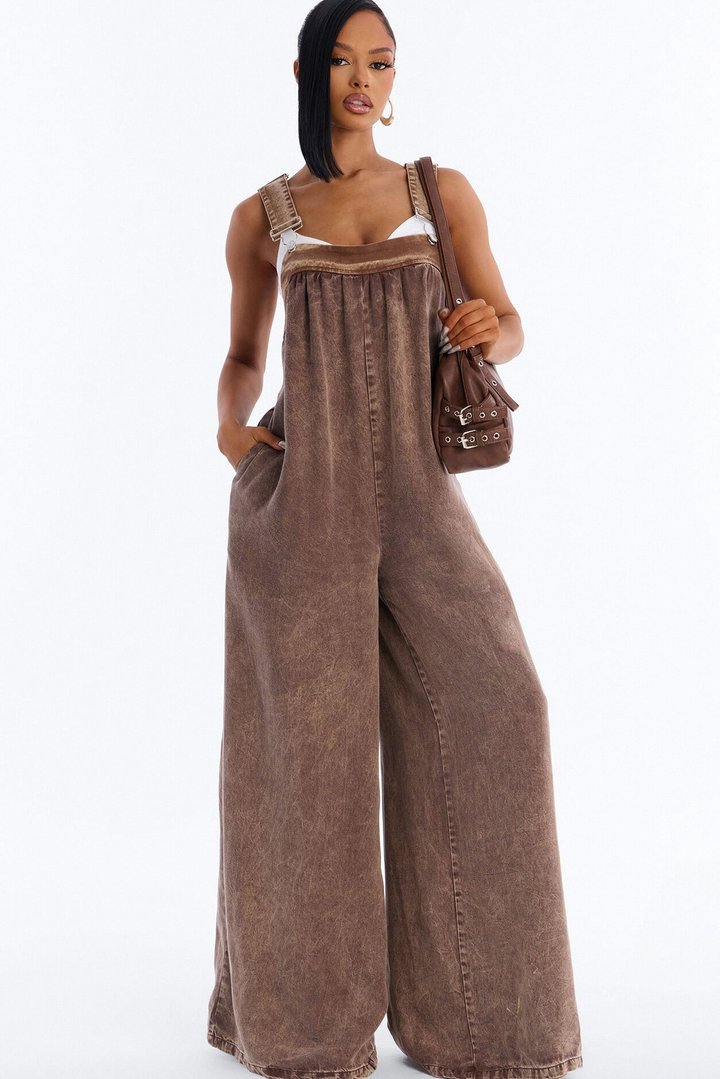 Nora Washed Wide Leg Jumpsuit - Chocolate