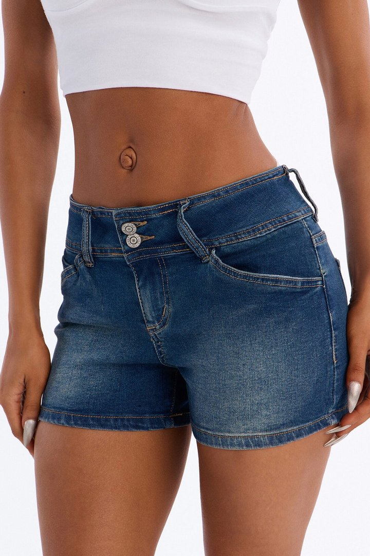 Belle Vie Button Front Low Rise Denim Shorts - Dark Wash
