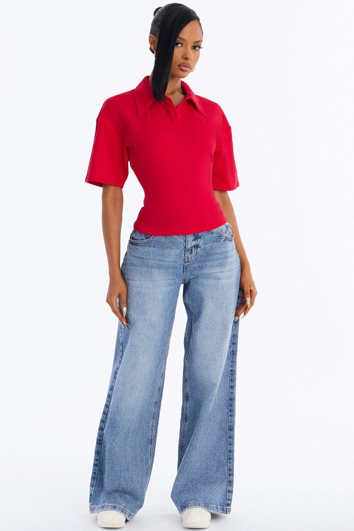 Street Serve Cinched Short Sleeve Polo Top - Red