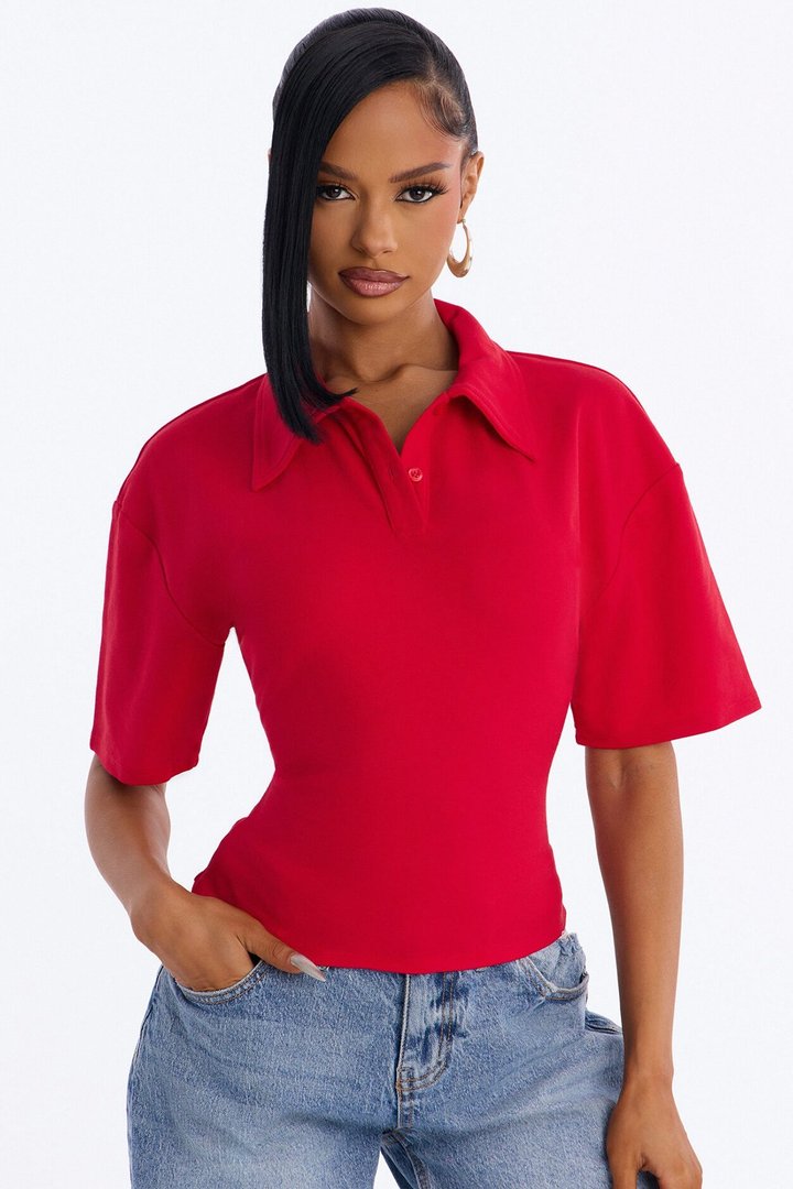 Street Serve Cinched Short Sleeve Polo Top - Red