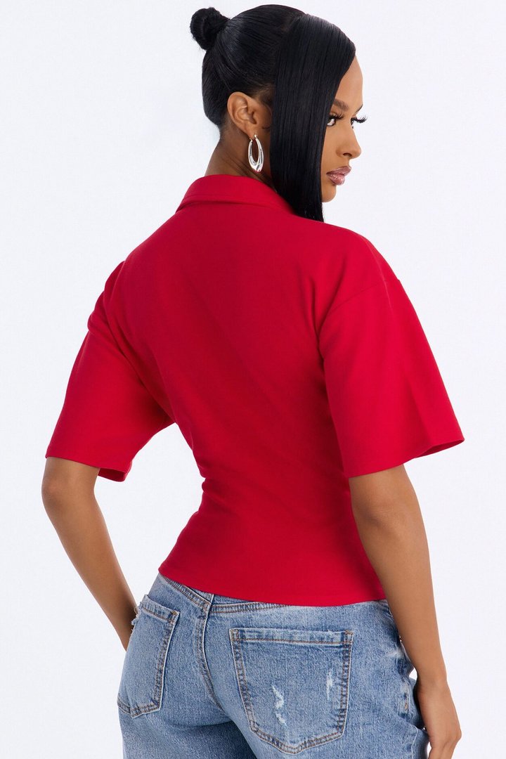 Street Serve Cinched Short Sleeve Polo Top - Red